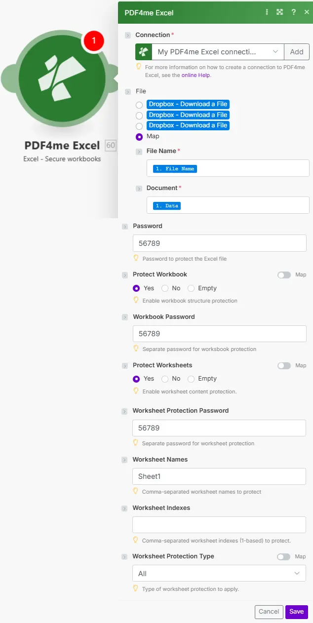 Clique para ampliar Crie um módulo seguro para Excel com PDF4me que exiba os campos Nome do Arquivo, Documento, Senha, Proteger Pasta de Trabalho, Proteger Planilhas e Tipo de Proteção da Planilha.